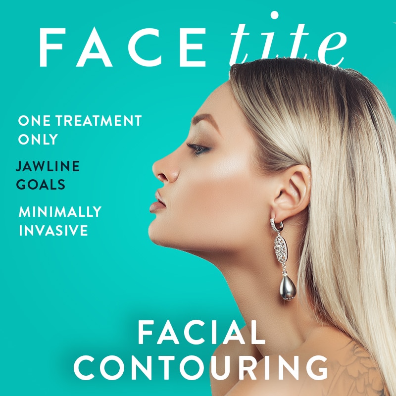 Advertisement for Facetite™ minimally invasive facial contouring promoting one treatment onl