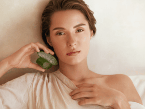 Beauty Portrait Of Woman With Aloe Vera Slices.